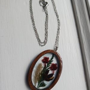 Wooden Oval Pendant Necklace with Floral Design